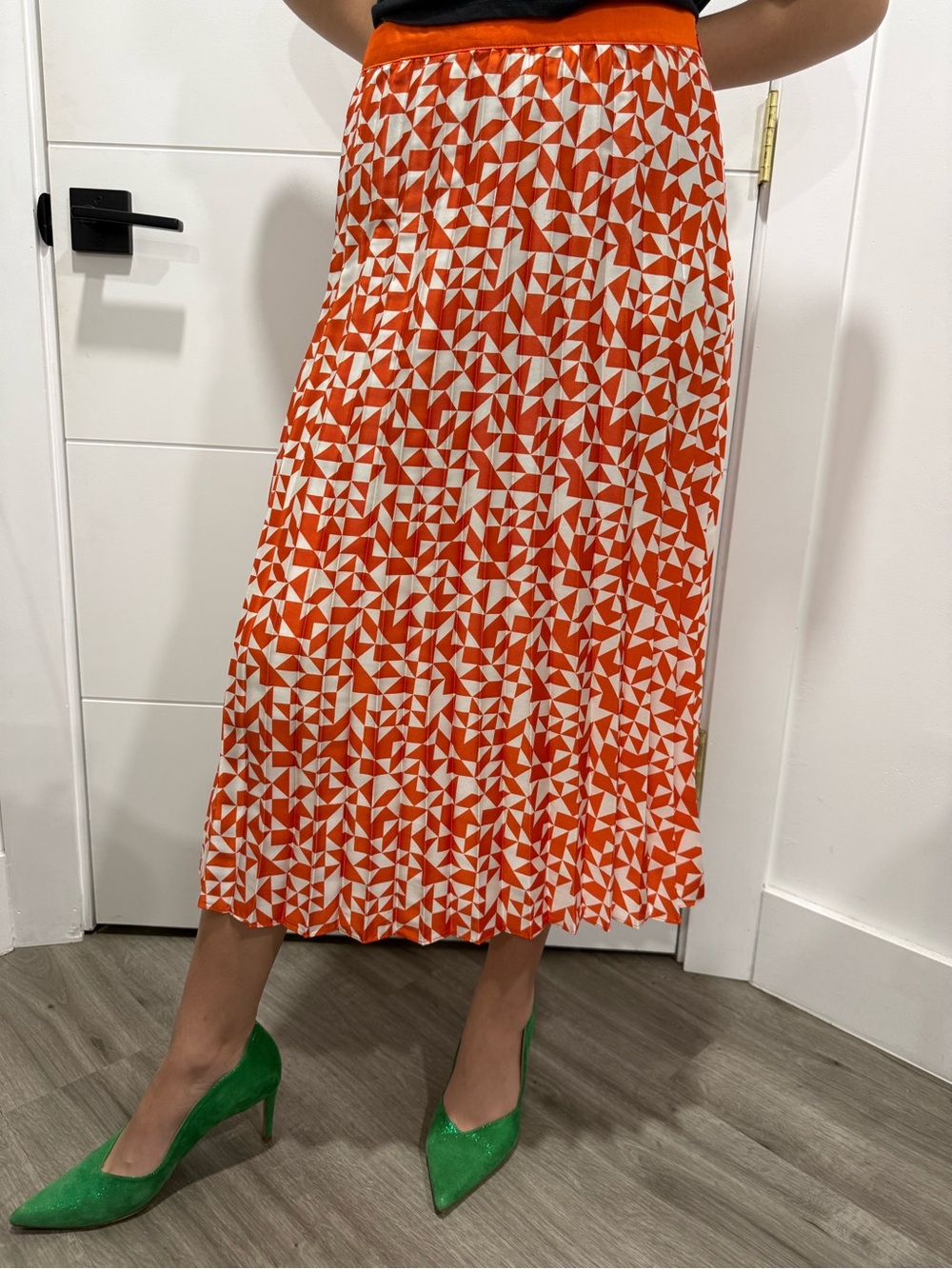Orange and White Geometric Pleated Midi Skirt